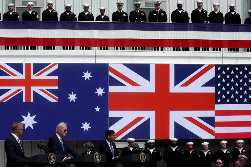 US President Joe Biden, Australian PM Anthony Albanese and then British PM Rishi Sunak speaking after an Aukus trilateral meeting in San Diego on March 13, 2023.