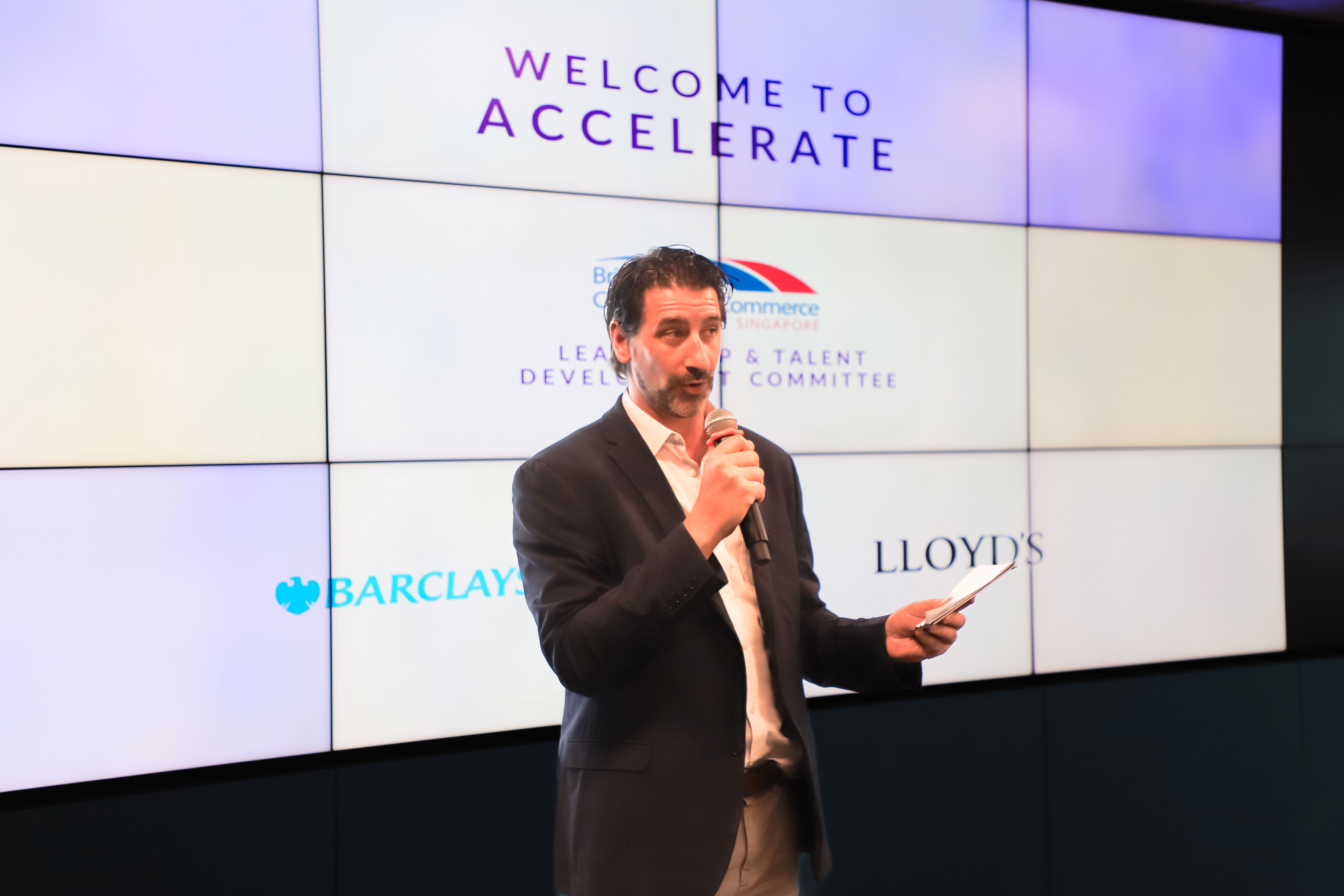 BritCham's Executive Director David Kelly addressing BritCham Accelerate's participants during the opening of the programme's kickoff session (Barclays, Singapore, 16 September 2025)