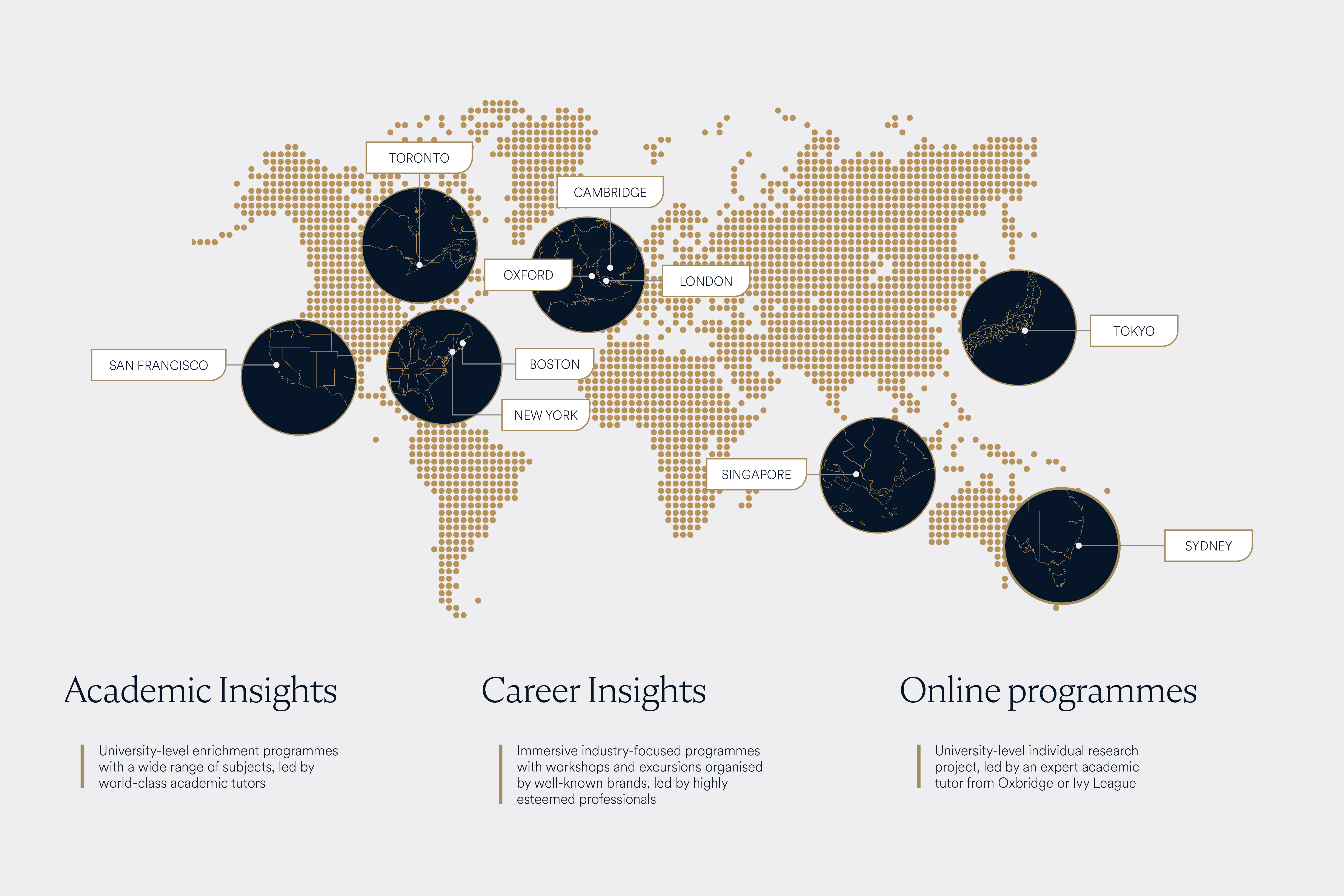 A world map with highlighted locations representing Immerse Education's global programmes, including key cities such as Oxford, Cambridge, London, New York, Boston, Toronto, San Francisco, Singapore, Tokyo, and Sydney.